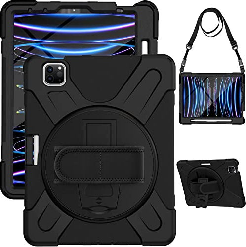 Gerutek Coque Antichoc iPad Air 5è 2022 10.9/Air 4è/iPad Pro 11 2022/2021/2020, Étui Armure Robuste avec Support Rotatif, Dragonne et Bandoulière Réglable, Porte-Stylet, Housse pour iPad Air 5, Noir