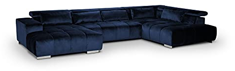 Mivano Wohnlandschaft Orion / Riesige Couch in U-Form inkl. XL-Recamiere und Kopfteilfunktion / 409 x 73 x 225 / Velours, Blau