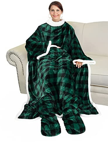 Catalonia Sherpa Tragbare Decke mit Ärmeln und Fußtaschen für Erwachsene, Damen und Herren, bequeme Kuscheldecke mit Wickelärmeln, Geschenkidee, kariert