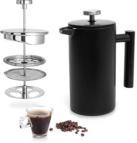 Mixpresso Edelstahl-Kaffeemaschine mit französischer Presse, 800 l, doppelwandige Metallisolierung, Kaffeepresse und Teebrauer, starke Qualität, Kaffeepresse (schwarz)