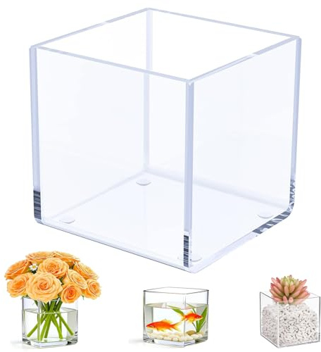 Kamehame Clear Acrylic Vase, 6x6x6 Wide Vase for Centerpieces, Succulent Pots Planters, Floral Square Cube Flower Vases for Home Office Wedding Decor