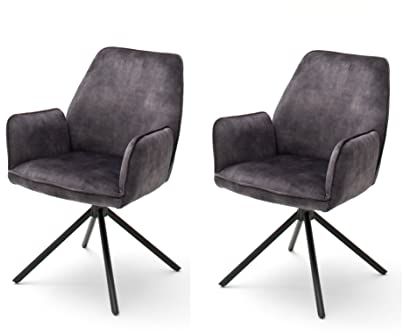 Robas Lund Esszimmerstühle 2er-Set mit Armlehne, Stuhl Belastbar bis 120 kg, Stoffbezug Vintage Veloursoptik Anthrazit