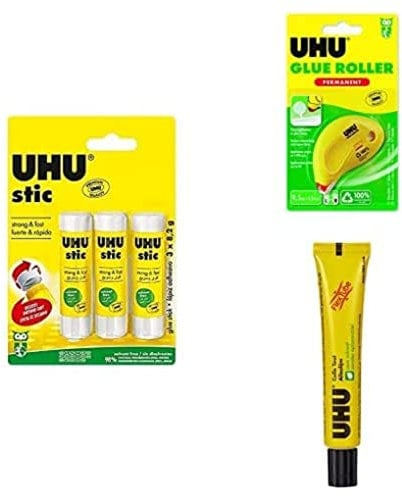 UHU pack de colles essentielles - 3 stics 8,2g + Roller de colle permanent 9,5m+ colle liquide universelle flextube 20g