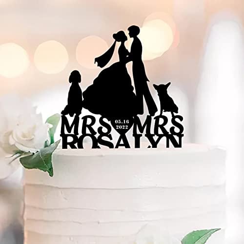 Mrs And Mrs Wedding Cake Toppers Acryl Schwarz mit Hund Katze Zwei Braut Silhouette 2 Frauen Hochzeitstorte Dekorationen Benutzerdefinierter Name Est Date Frauen Hochzeit Geschenke 15,2 cm