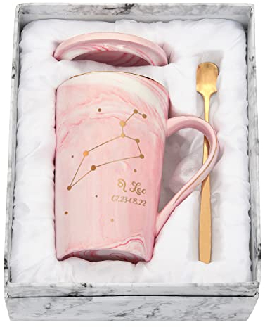 Joymaking Tazza da caffè con costellazione di leone personalizzata, idea regalo per fidanzata/fidanzata per compleanni, Natale, leone, 400 ml, rosa