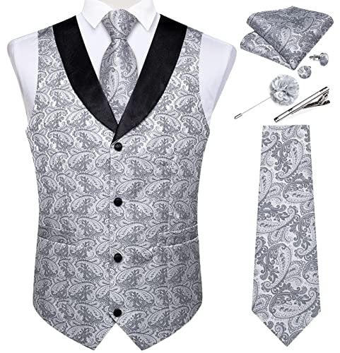 DiBanGu Herren-Paisley-Anzugweste aus Seide, Jacquard-Weste und Krawatten-Set, Schalkragen, Smoking-Kleid, Weste für Party, Hochzeit, Silbergrau, Medium