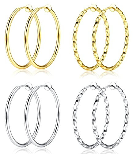 Kakonia 4 Paar Ohrclips Creolen für Damen Clips Creolen Gold Silber Groß Bicolor Non Piercing Ohrringe Ohr Knorpel Ohrpiercing Hypoallergen Schmuck Set für Damen 30/40/50/60mm