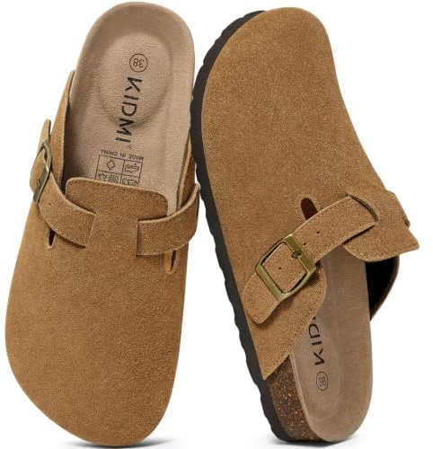 KIDMI Zuecos de ante para mujer y hombre, plantilla de corcho suave, pantuflas de cuero, cómodas y antideslizantes, con soporte para el arco, marrón, 36 EU