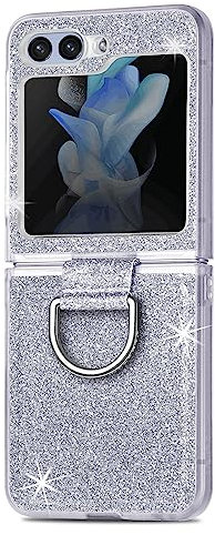 Glitter Case for Samsung Galaxy Z Flip 5 5G, Slim-Fit Soft Silicone TPU Protective Case with Ring Holder Kickstand Shockproof Bling Folding Phone Cover for Samsung Galaxy Z Flip 5 5G - Silver