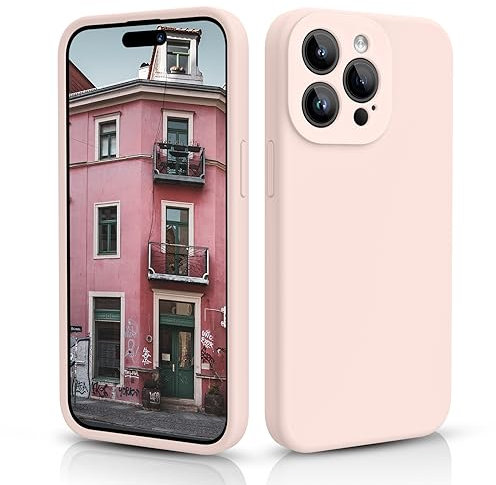CALOOP Slim-Fit for iPhone 15 Pro Max Case,Skin Soft Liquid Silicone,Sturdy Hard Frame Shockproof Cover with Anti-Scratch Microfiber Lining,Full Protection for Screen and Lens,6.7 inch(Chalk Pink)