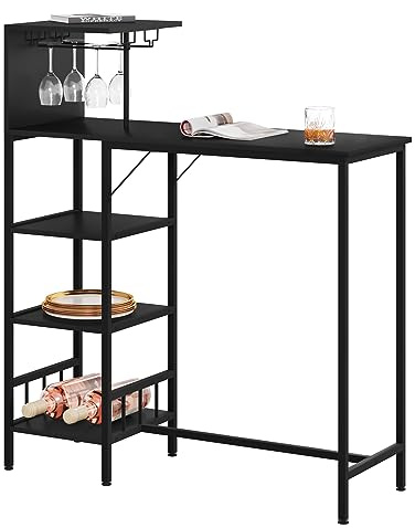 WOLTU Bartisch, Stehtisch mit Weinregal Glashalter, Küchentisch mit 4 Ablagen, Bistrotisch Esstisch Hochtisch für Bar Theke, Schwarz