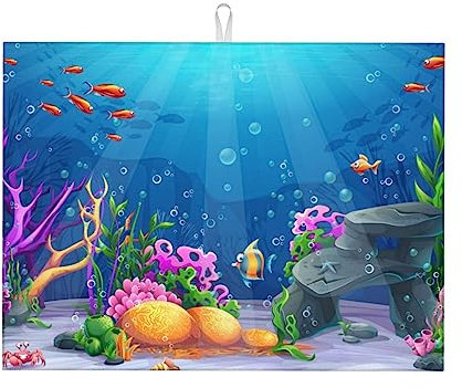FUkker Estera de Secado de Cocina, Estera de Drenaje de Platos, Almohadilla Absorbente para encimera de Cocina, 46X61 cm, Estampado bajo el mar