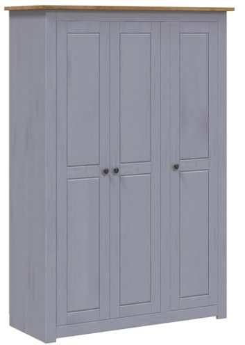 vidaXL 3-Door Wardrobe - Pine Panama Range with Fixed Shelves and Large Compartments, Solid Wood Bedroom Closet - Grey and Natural Wood Color