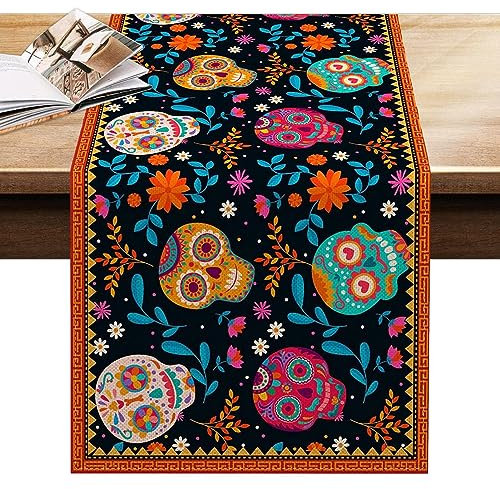 Huasean Tag Der Toten Tischläufer, Halloween-Tischdekorationen, Totenkopf-Tischläufer, Dia De Los-Muertos, Tischdekoration Für Halloween, Feiertage, Par, Heimdekoration, 182,9 cm Lang