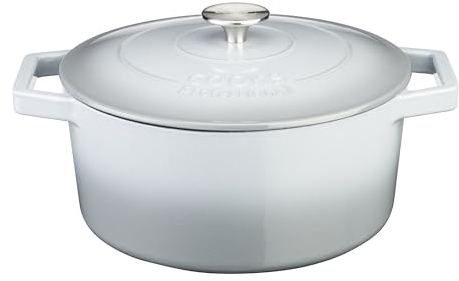 Cooks Professional 26cm Cast Iron Casserole Dish 5.8L with Lid & Handles | Colourful Modern Design Enamelled Cooking Pan Pot | Suitable For All Hobs Inc Induction | Oven & Grill Safe | Grey