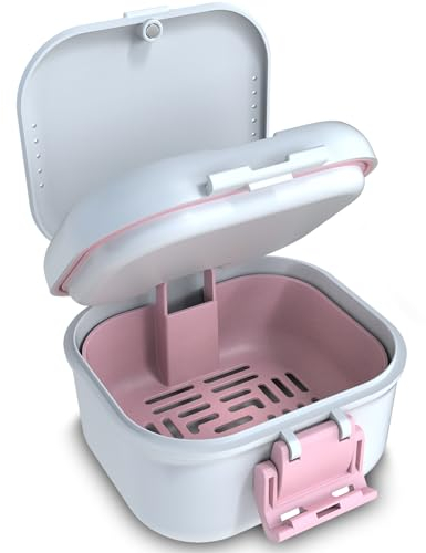 BVN Auslaufsicher Prothese Box, Aufgewertete Trageaufbewahrung, Zahnbadbox Mit Filter, Zahnschale Zum Einweichen Von Zahnersatz, Reise Retainer Reinigungskoffer Für (weiß+rosa).
