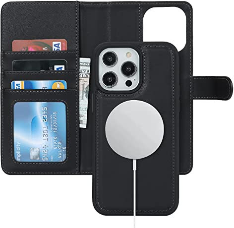 Havaya for Coque iPhone 15 Pro Magsafe Compatible Coque iPhone 15 Pro Porte Carte Flip Étui Cuir Portefeuille à Rabat Homme Amovible - Noir