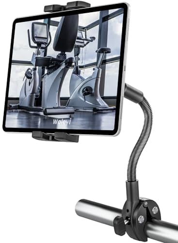woleyi Gooseneck Treadmill Tablet Holder, Exercise Bike Handlebar Clamp for Spin Bike Peloton, Indoor Stationary Bicycle, Elliptical, Stroller for 4.7-13 iPad Pro Air Mini, Phone, Galaxy, Fire, Ebook