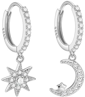 Orecchini Pendenti Orecchini Donna Argento 925 Orecchini Cerchio Piccoli,1 Paia Stelle e luna Orecchini a Cerchio Orecchini Donna Orecchini Ipoallergenici per le Donne Ragazze 12mm