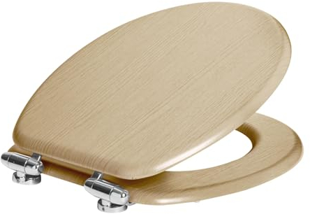 Harbour Housewares Soft Close Toilet Seat - Light Oak - Pack of 1 - Oval-Shaped Wooden Toilet Seat Antibacterial Loo Lid with Universal Chrome Hinges, Fixings & Fittings