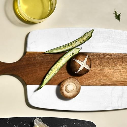 GLOBALHUT Planche à découper et plaque à fromage en bois et marbre, élégante, 2 en 1, pour charcuterie, légumes et fruits, avec poignée antidérapante