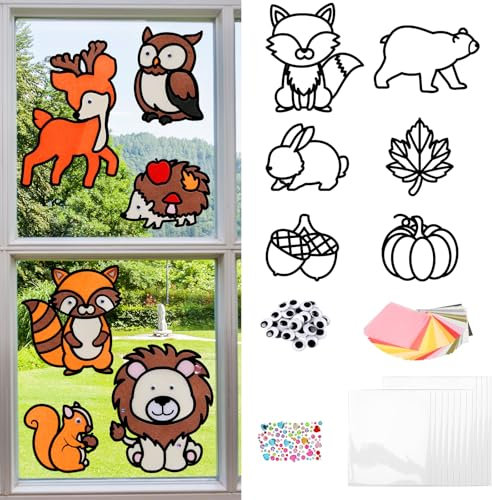 TGFIX 12 Stück Herbst Tier Bastelset Kinder Herbsttiere zum Basteln Herbst Papierbastelset DIY Herbst Fensterbild Bastelhandwerk Kunsthandwerk Geschenk für Jungen Mädchen Herbst Geburtstag