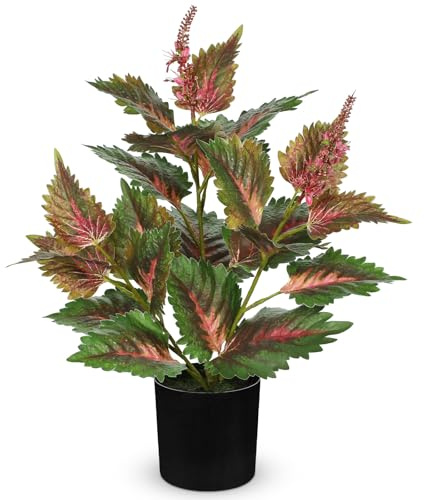 Oairse Artificial Plants Indoor with Pot 16.9 Faux Potted Perilla Plants Indoor Decorative Silk Greenery in Black Pot for Farmhouse Home Bathroom Living Room Office Table Shelf Decor