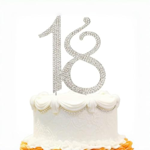 Kuchendekoration, 18 Zahlen, elegant, für Geburtstag und Hochzeitstag, luxuriöses Design mit Kristallen, für Party zum 18. Geburtstag, silberfarben (groß)