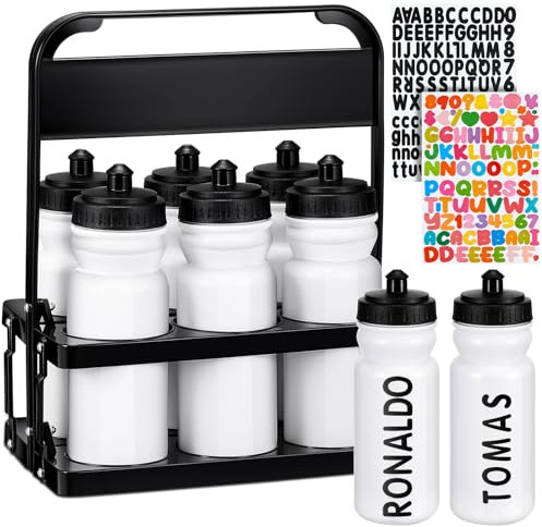 Suclain Water Bottle Carrier with 20 Oz 6 Bottles and 2 Stickers Plastic Wide Mouth Sports Water Bottle Squeeze Team Water Bottles with Black Lid for Fitness Bike Gym(White)