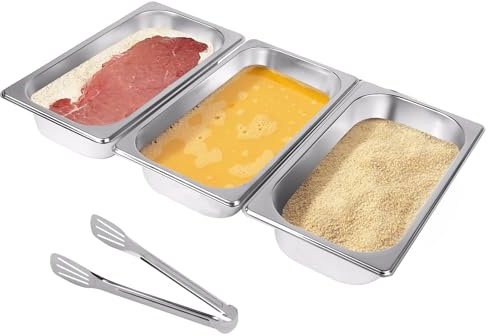EXLECO 3 Pcs Panierschalen Set 32,5 x 17,5 x 6,5 CM GN Behälter | 1/3 Panierstraße Rechteckig Metall-panierstrasse Gastro Behälter für Schnitzel Fleisch Fisch