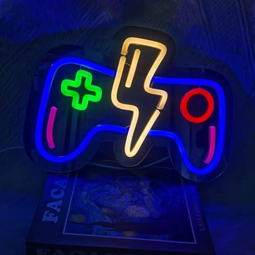 QXMH Gamer Neon Schild, LED Gaming Neon Schilder USB/Schalter, Grafik Dekoration Neon Zeichen Spielzimmer Dekor Lampe für Gamer Streamer Teenager Jungen Zimmer Kinder (Lightning-Gamepad)