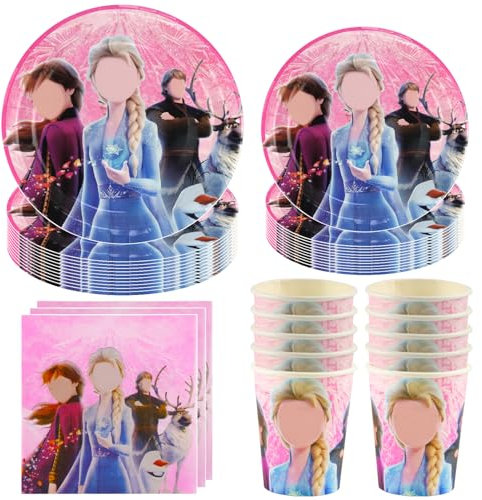 Hmfmdy Stoviglie per Feste Frozen, 50 Pezzi Decorazioni per Feste, Stoviglie per Compleanno Principessa con Piatti, Bicchieri e Tovaglioli di Carta, Articoli per Feste per Bambine - 10 Ospiti