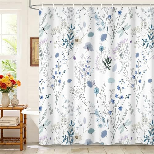 Kzzfqxb 180x200cm Tende da doccia floreali bianche e blu con ganci, erbe botaniche fiori selvatici mazzi di libellule impermeabili per il Vasca, elegante tessuto in poliestere per Bagno