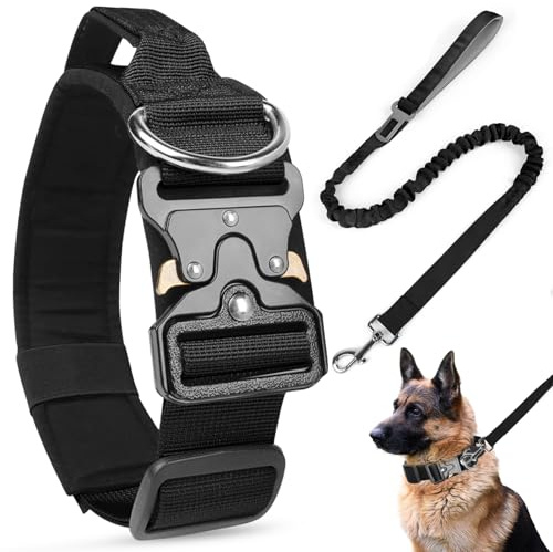 AKOFIC Tactical Dog Collar and Lead Set, Heavy Duty Wide Dog Collar with Handle and Soft Padded, Adjustable Comfortable Pet Collar for Small Medium and Large Dogs Training(Black + Black lead rope, M)