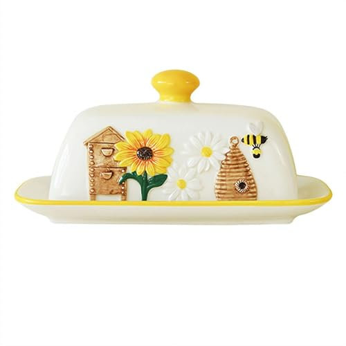 BOWTONG Beurrier tournesol abeille avec couvercle en céramique - Beurrier jaune - Beurrier jaune - Récipient de service à beurre en céramique à paroi épaisse - Passe au lave-vaisselle