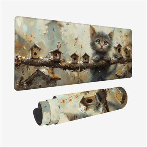 Katze Mauspad XXL 700x300X3MM, Gaming Mouspad Niedlich Mauspad Wasserdicht und rutschfest, Verbessert Präzision und Geschwindigkeit, Schreibtischunterlage mit vernähten Kanten für Gaming, PC Model 203