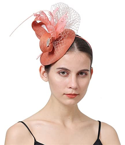 SDGBCXD Kopfbedeckung, Hochzeit Kirche Fascinator Hut Frauen Party Kopfstück Damen Stirnband Haar Clip Tragen Headwear(Dark Peach)
