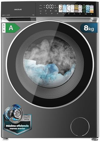 Cecotec Lavadora 8Kg Carga Frontal Bolero DressCode 8970 Direct Drive Steel. Motor Direct Drive, 1400RPM, 11 Programas, PantallaFullColor, Puerta XXL, Función Vapor, Luz Interior, Stop&Go, Steel