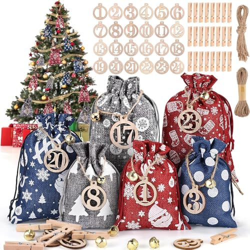 Nordkai Adventskalender zum Befüllen – 24 Stoffbeutel mit Zahlen & Kordel – DIY Weihnachtskalender Set mit Zubehör – Weihnachtsdeko für Familien (Goldstern & Streifen & Natur)