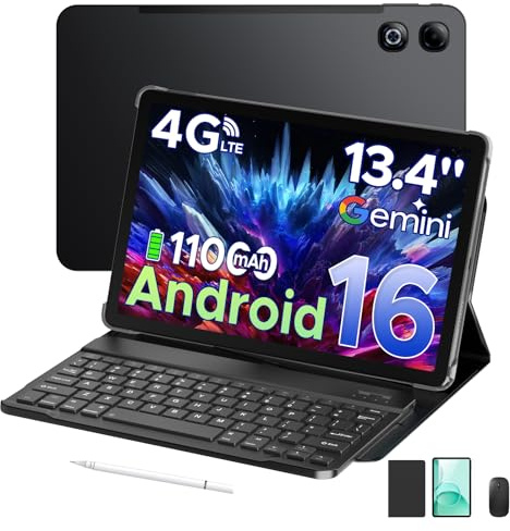Tab G6 Max Android 16 Tablet 13,4 Zoll FHD+ 90Hz 32GB RAM+256GB ROM 11000mAh Tablet mit SIM Card Slot Octa Core Tablets mit Tastatur und Stift 4G LTE+5G WiFi/Gemini AI/Widevine L1/FACE ID/OTG