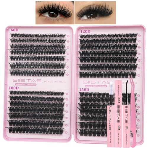 Individual Eyelashes Kit 455Pcs Lash Clusters D Curl Eye Lashes Fluffy Russian Eyelashes with Glue Volume Clusters Lashes Book Kit for DIY Lash Extensions at Home 8-16MM(60D+100D+120D+150D KIT)