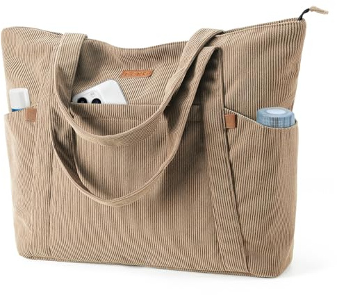 Lekespring Cord Tasche Damen, Groß Tote Bag Strandtasche mit Reißverschluss | Shopper Tasche Damen Laptoptasche mit 15.6 Zoll Laptopfach, Elegant Handtasche Umhängetasche für Arbeit Schule Gym-Khaki