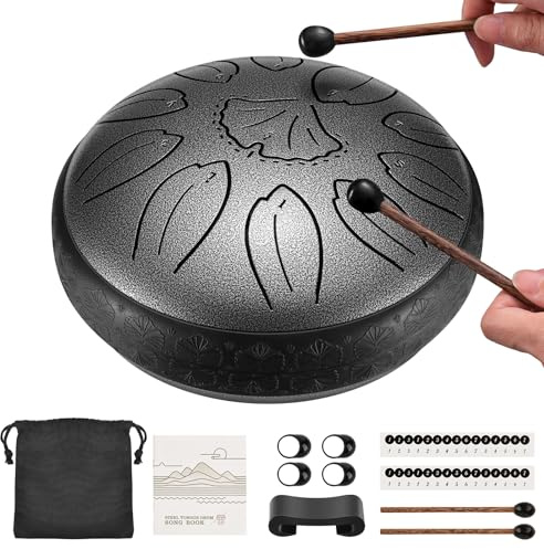 LEKATO 6 Zoll Zungentrommel, 11 Töne in C-Tonart Steel Tongue Drum mit Songbuch, Tragetasche, Trommelschlägeln, Mini-Handpan-Trommel-Percussion für Meditation, Geistheilung, Silber