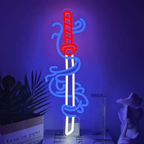 RuCvixkt Schwert Neonlicht, Japanischer Anime Samurai Neon Schild für Jugendzimmer Spielzimmer Deko, LED Licht für Schlafzimmer Männerzimmer Wanddekoration, Gamer Geschenk für Jungen Kinder