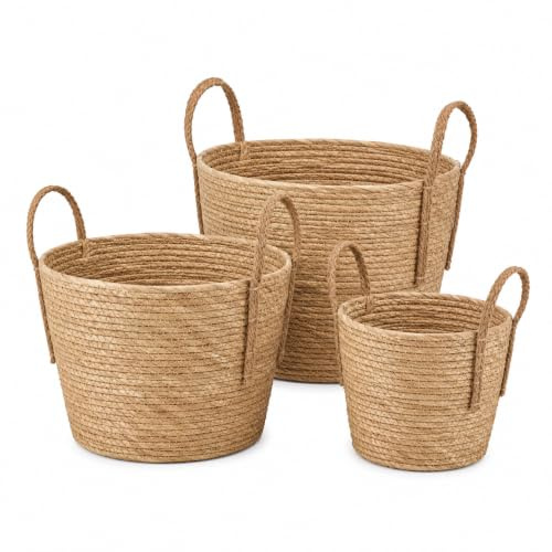Eden & Willow Natural Straw Woven Storage Basket with Handles | Storage Organizer for Home Decor | Rustic Wicker Basket for Blankets, Plants, Toys, Laundry (Set of 3 (S+M+L))