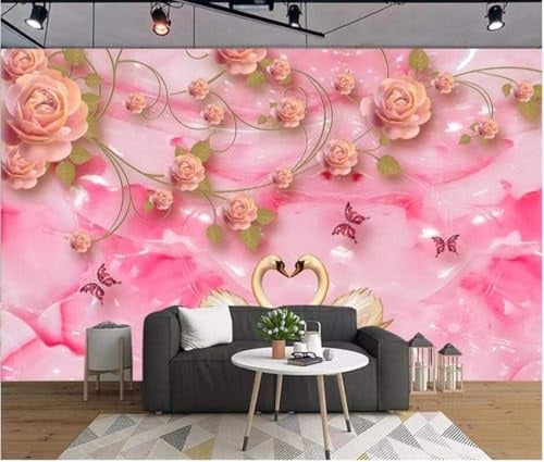 Dreidimensionale Rosa Blumen Paar Schwäne 3D Tapeten Tapete Luxus Home Esszimmer Fototapete Effekt Wohnzimmer Schlafzimmer Kinderzimmer-430cm×300cm