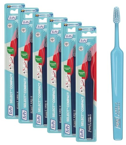 TePe Select Compact Toothbrush, Extra Soft, 1pc, Soft Bristle Toothbrush with Gentle Cleaning, Extra Soft for Adults (Pack of 6)