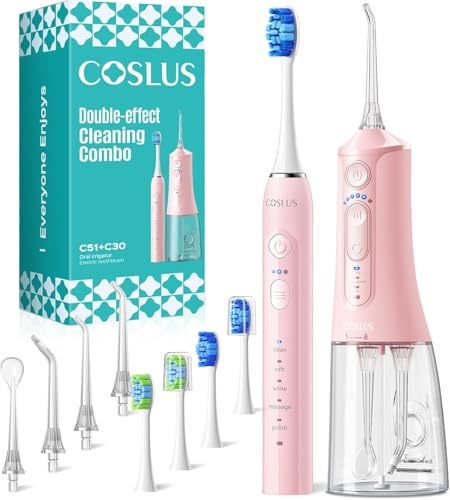 COSLUS C51C30 Water Flosser Electric Toothbrush Combo, 2-1 Oral Clean Kit | Portable Brushing & Flossing for Teeth & Braces Cleaning, Multiple Modes for Family Use, Cordless for Home & Travel, Combo