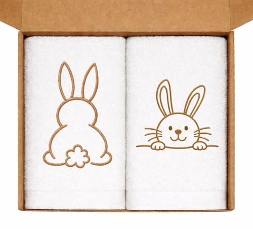 MFAZ Morefaz Ltd Set mit 2 Osterhandtüchern, 30 x 50 cm, aus Baumwolle 500 g/m², Hasenstickerei, in Geschenkverpackung (weiß-weiß, klein)