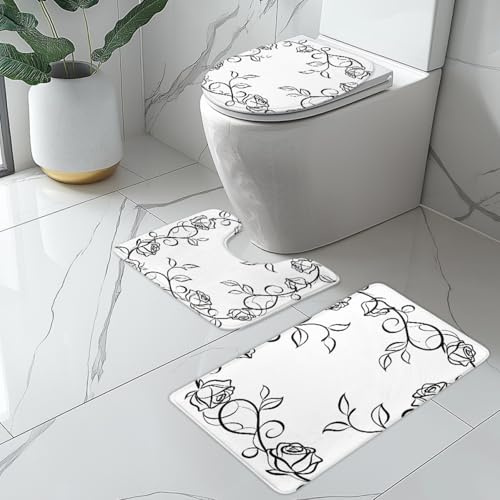 Badteppich Set Schwarze Linie Blätter Duschvorleger rutschfest Waschbar 3 Teilig Bad Vorleger U-Förmig WC Teppich Toilettendeckelbezug Deko Badezimmer Bath Mat 50x80 cm